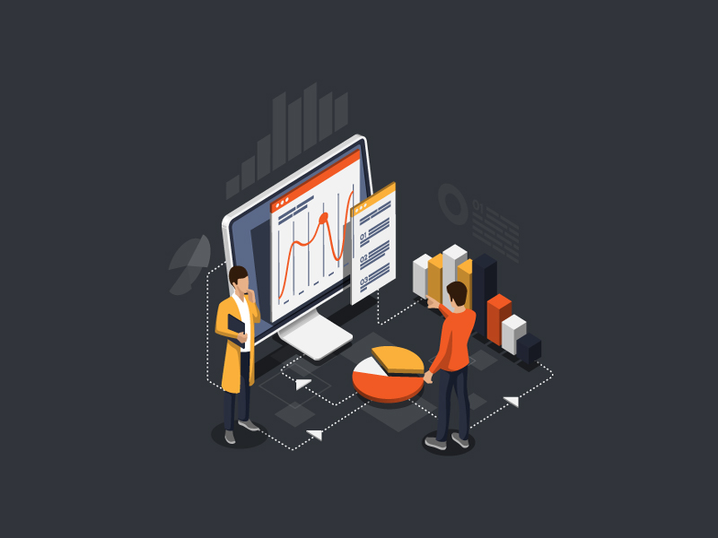 Illustration of 2 people conducting data analysis
