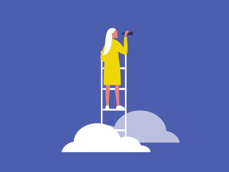 Illustration of person standing on a ladder in the clouds and holding a spyglass