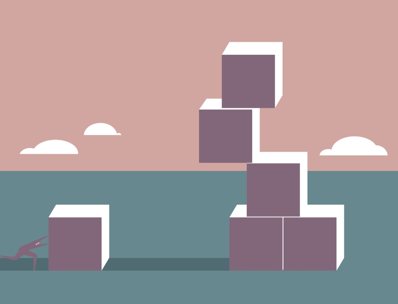 Illustration of business person pushing a block toward a tower made of precariously perched blocks