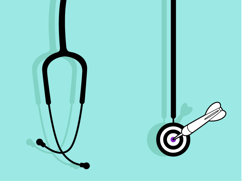 Stethoscope with a target on the right, arrow landed in the center