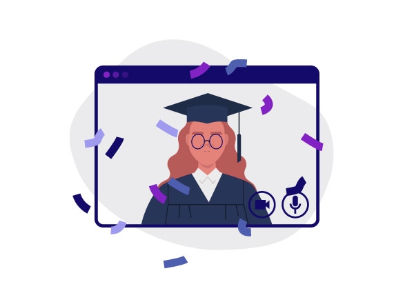 higher ed student visible on a laptop screen with graduation cap 