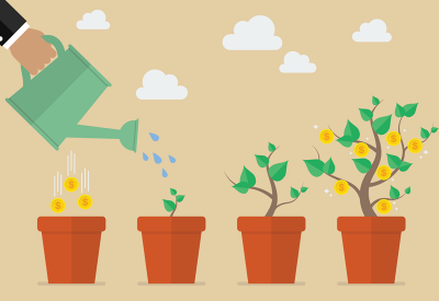 Illustration of business person watering a plant that grows into a tree with coins