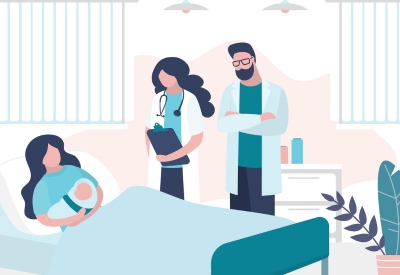 Woman lying on a bed, holding a newborn baby in a hospital room. A doctor and a man stand next to the bed.