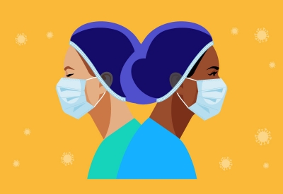 Two medical personnel with masks and hat, surrounded by virus icons