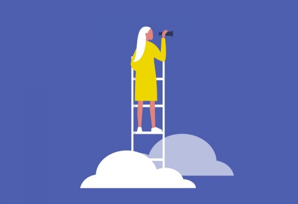 Illustration of person standing on a ladder in the clouds and holding a spyglass