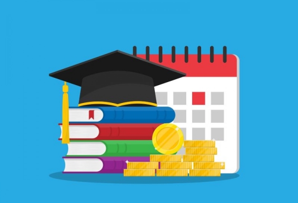 Illustration of grad cap atop books, with calendar and coins in the background