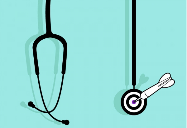 Stethoscope with a target on the right, arrow landed in the center